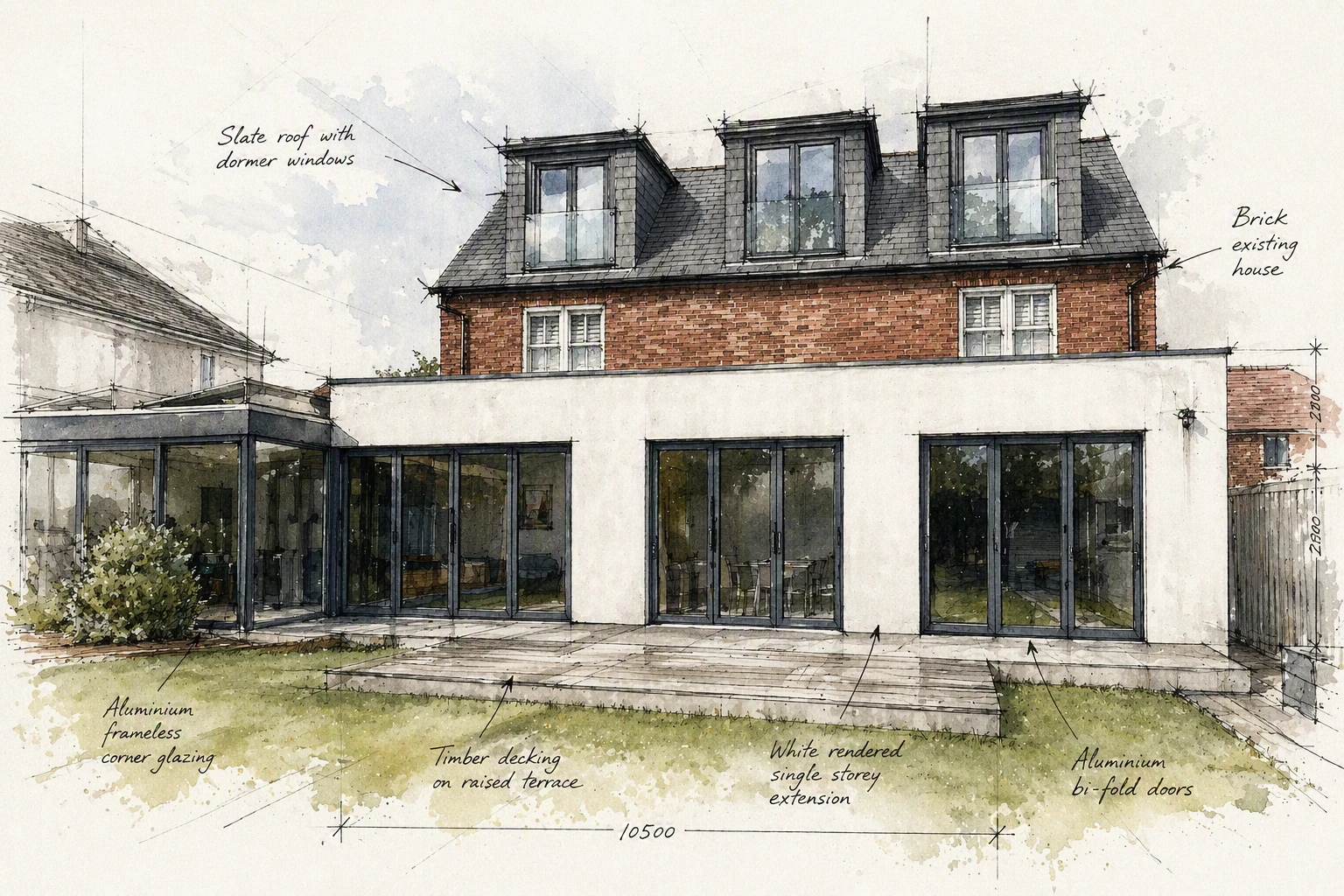 Drawing of a single-storey rear extension with bi-fold doors, corner glazing and a raised terrace
